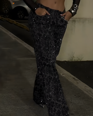Sparkling Rhinestones Leopard-Print Wide-Leg Jeans