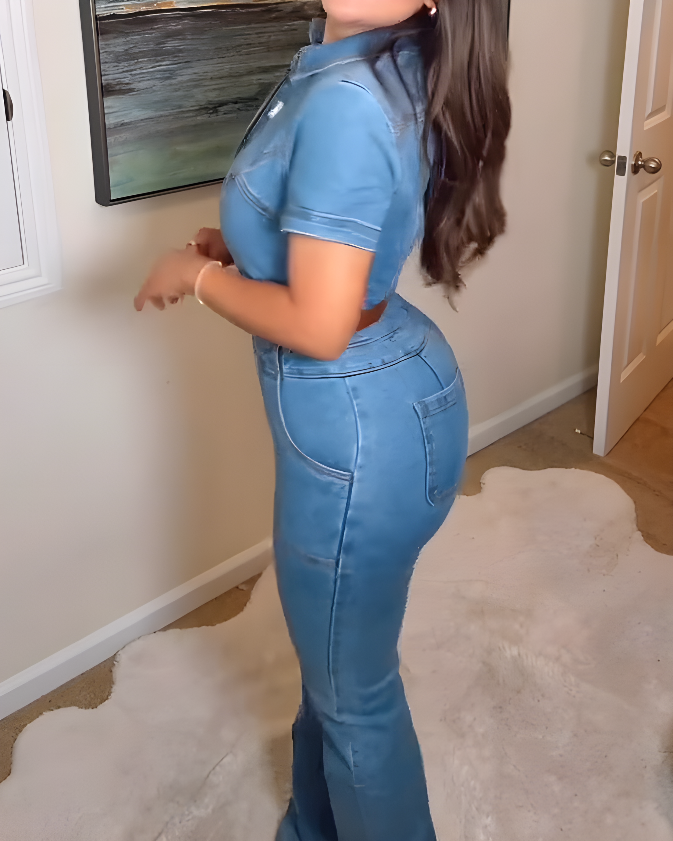Short-Sleeved Slim-Fit Front Zip Denim Jumpsuit
