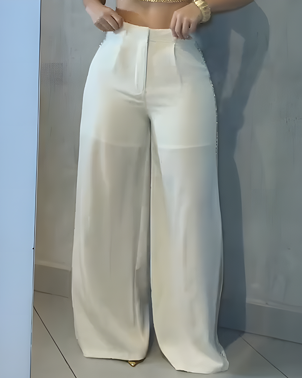 Metal Chain Trim Wide-Leg Casual Pants
