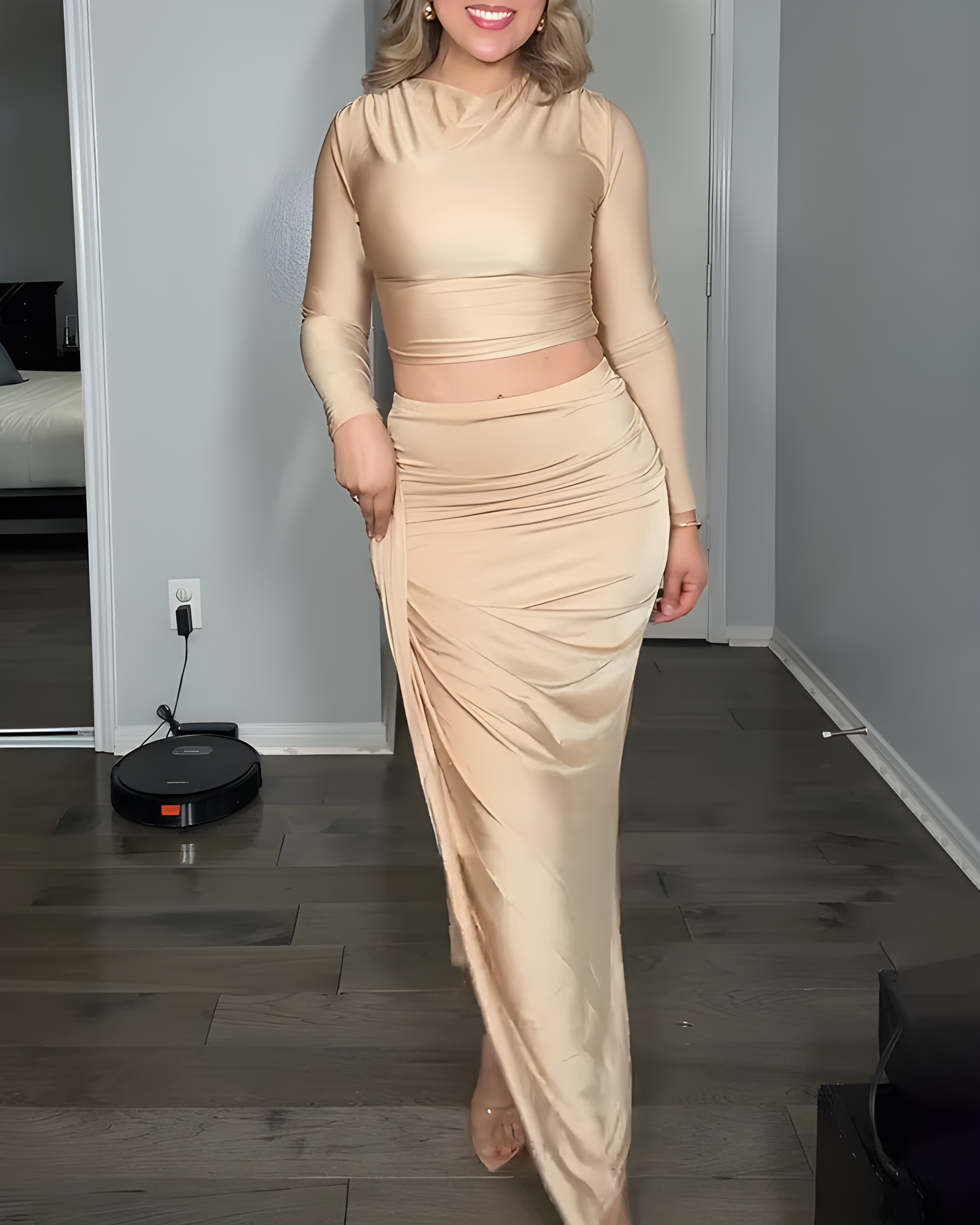 Long-Sleeved Ruched Slim Fit Maxi Skirt 2-Piece Set