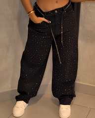 Sparkling Rhinestone Wide-Leg Jeans