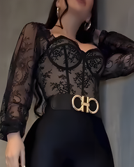 Long-Sleeved Mesh Lace Corset Top