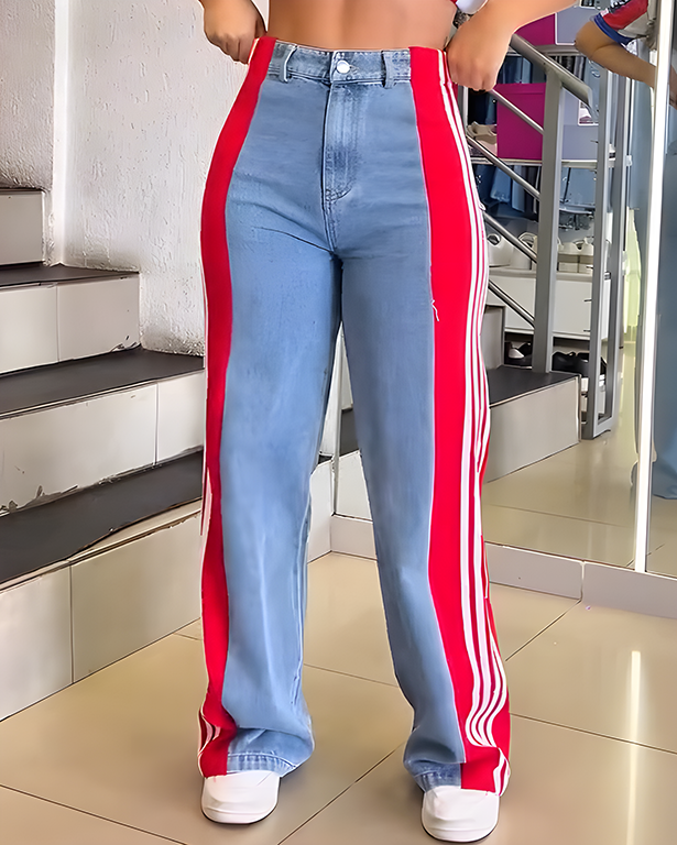 4-Stripes Patchwork Wide-Leg Denim Jeans