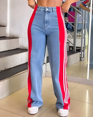 4-Stripes Patchwork Wide-Leg Denim Jeans