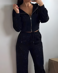 Sparkling Rhinestone Casual Hooded Cardigan Pants Set