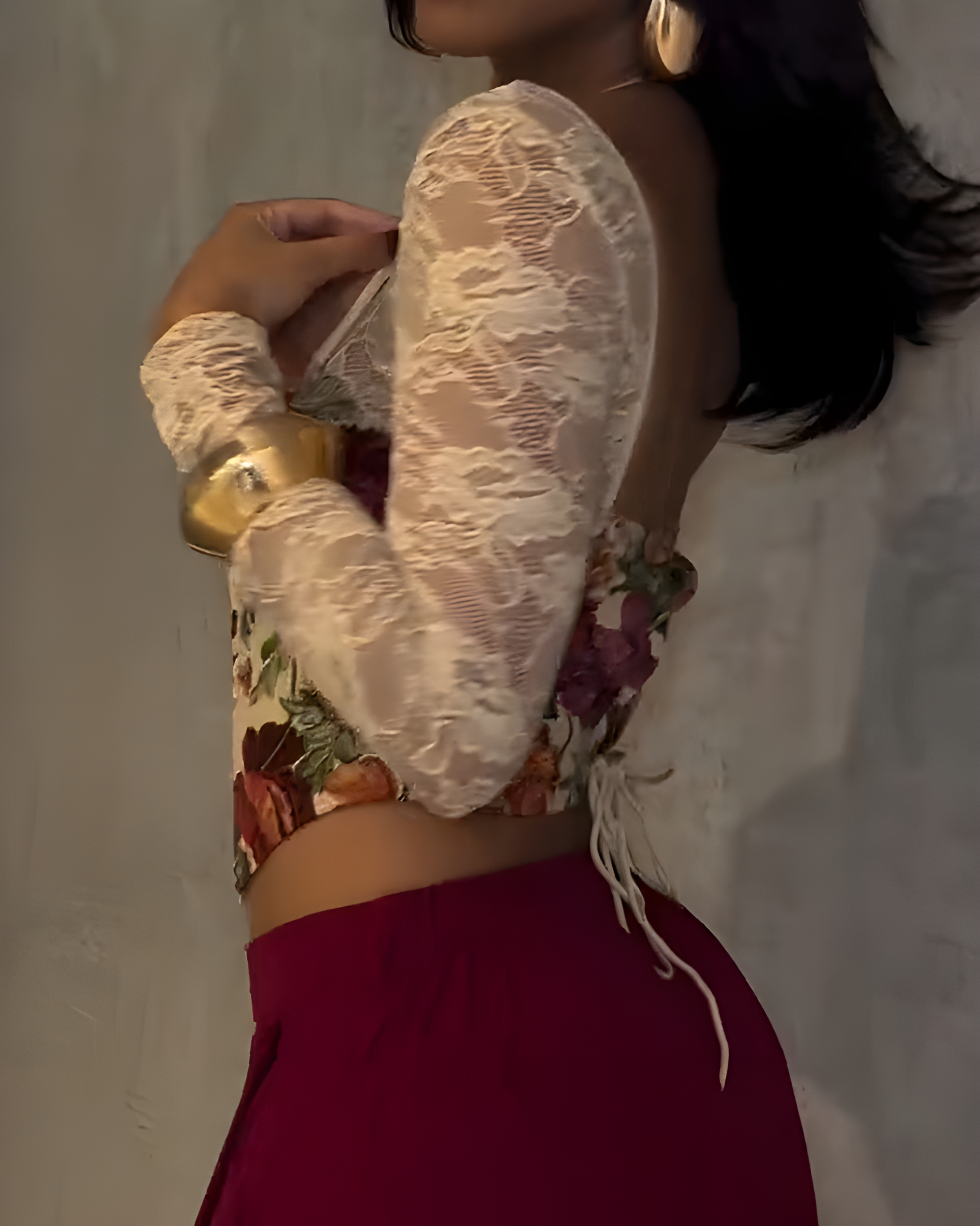 Printed Lace Panel Long Sleeve Corset Top