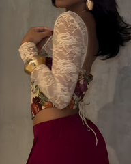 Printed Lace Panel Long Sleeve Corset Top