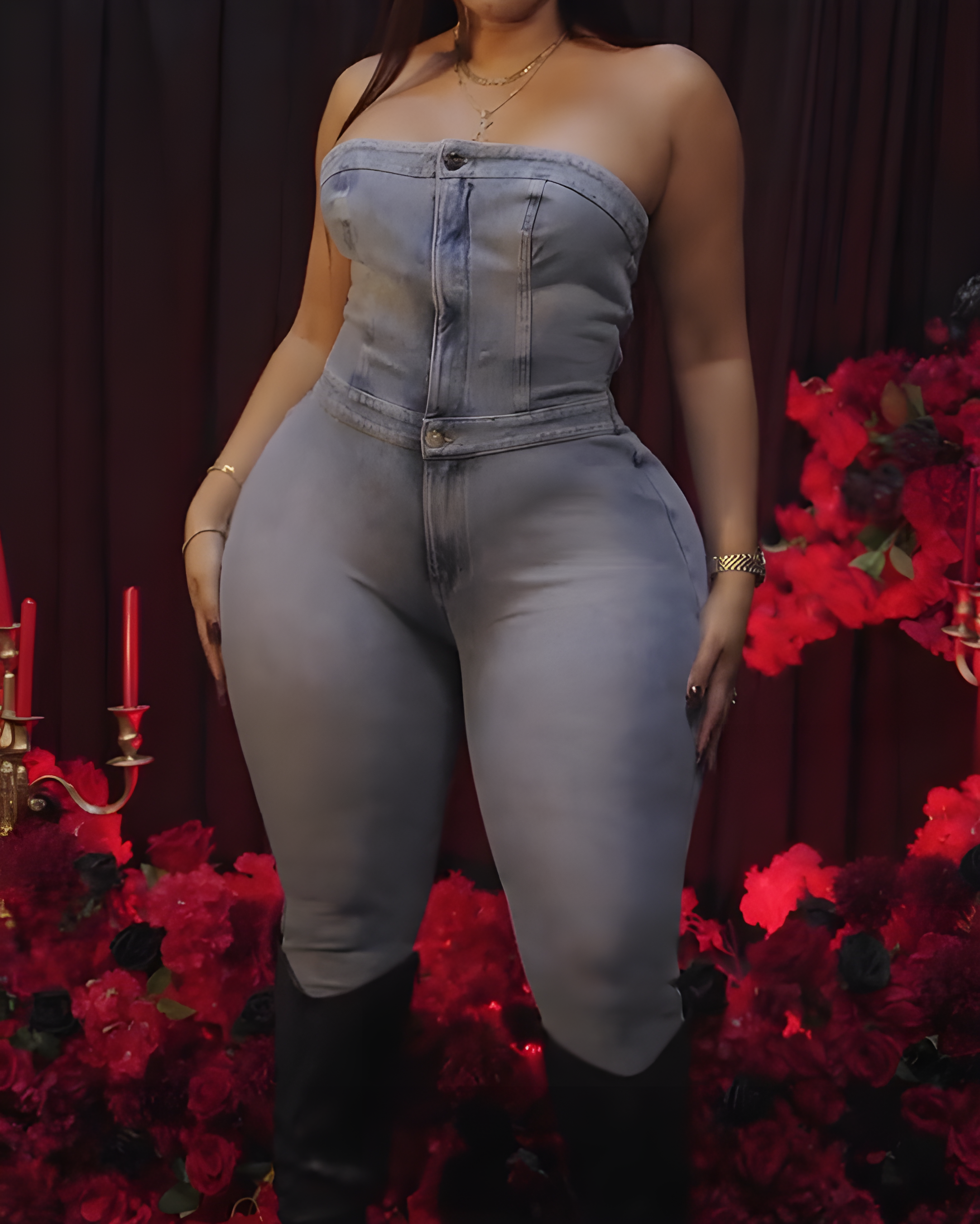 Slim Fit Bandeau Sleeveless Denim Bodycon Jumpsuit