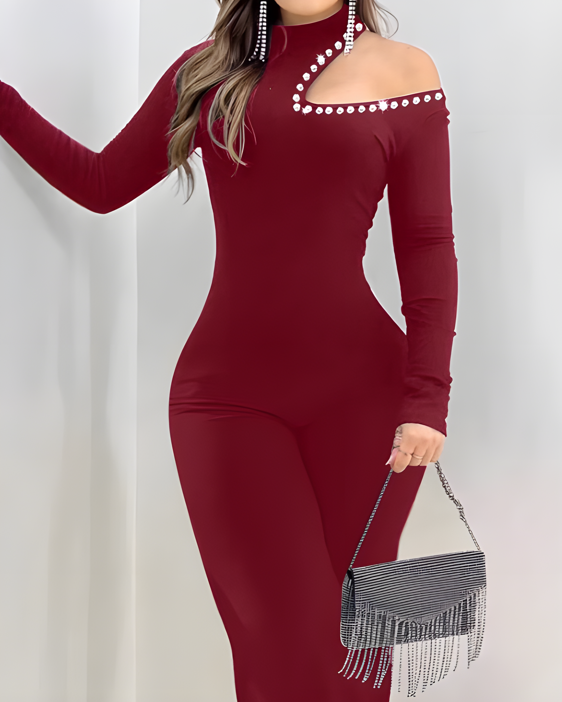 Long-Sleeved Sparkling Rhinestone Trim Flared Jumpsuit