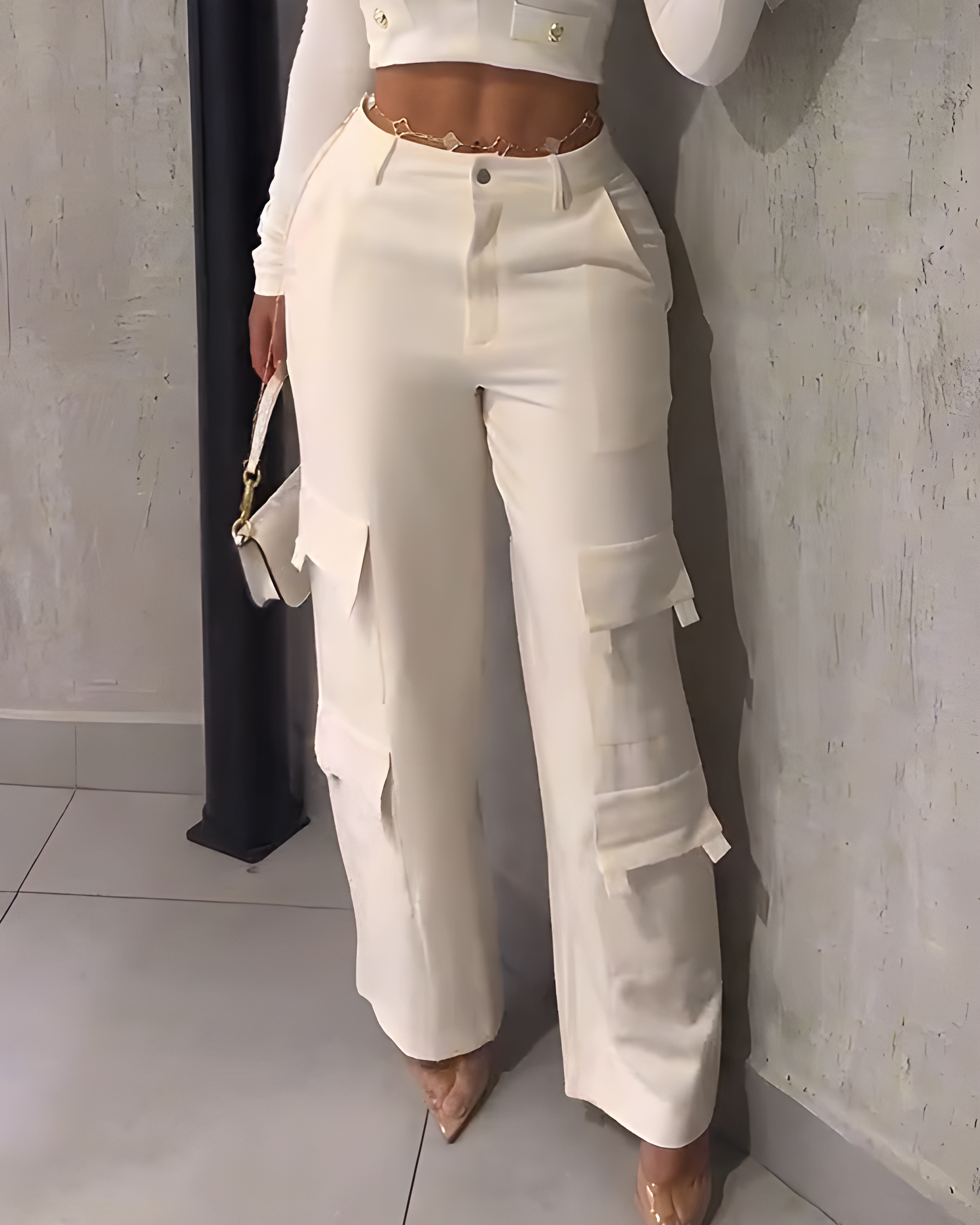 High-Rise Slim-Fit Cargo-Style Wide-Leg Casual Pants