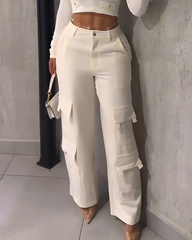 High-Rise Slim-Fit Cargo-Style Wide-Leg Casual Pants