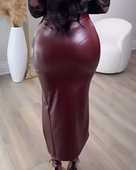 Side-Slit Ruched Leather Slim-Fit Skirt