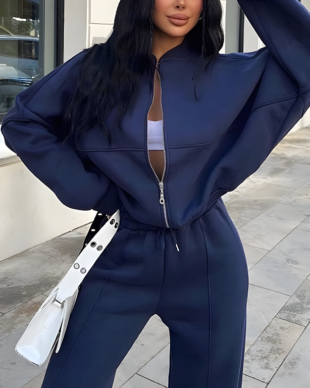 Zipper Cardigan Sweatshirt Straight Pants Set