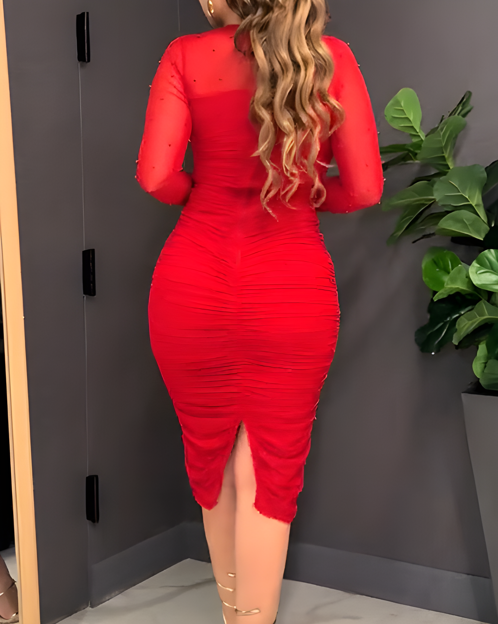 Mesh Long Sleeve Beaded Bodycon Midi Dress