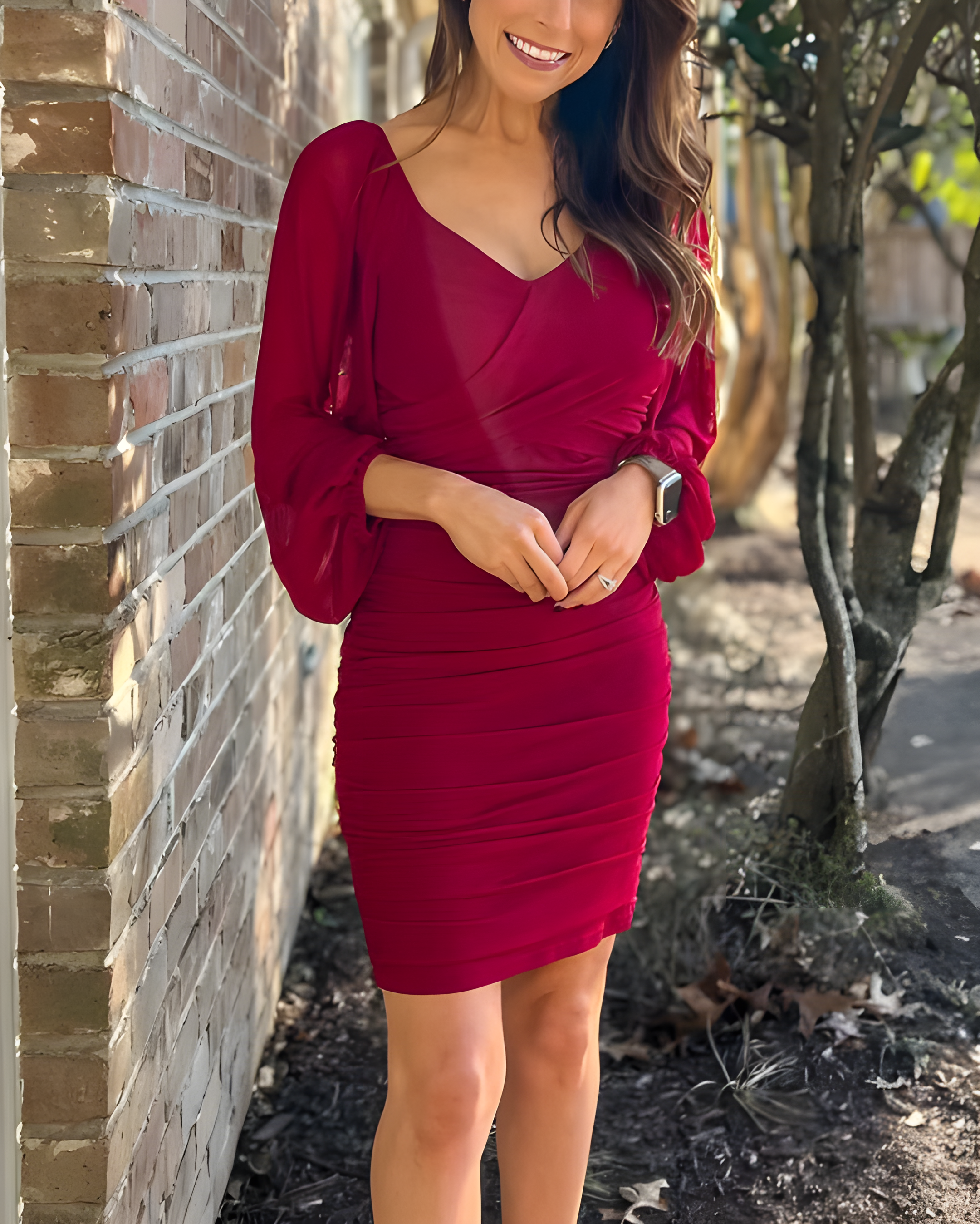 Puff Sleeve V-Neck Mesh Ruched Bodycon Dress