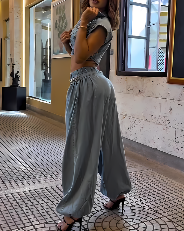 Sparkling Rhinestone Denim Two-Piece Set