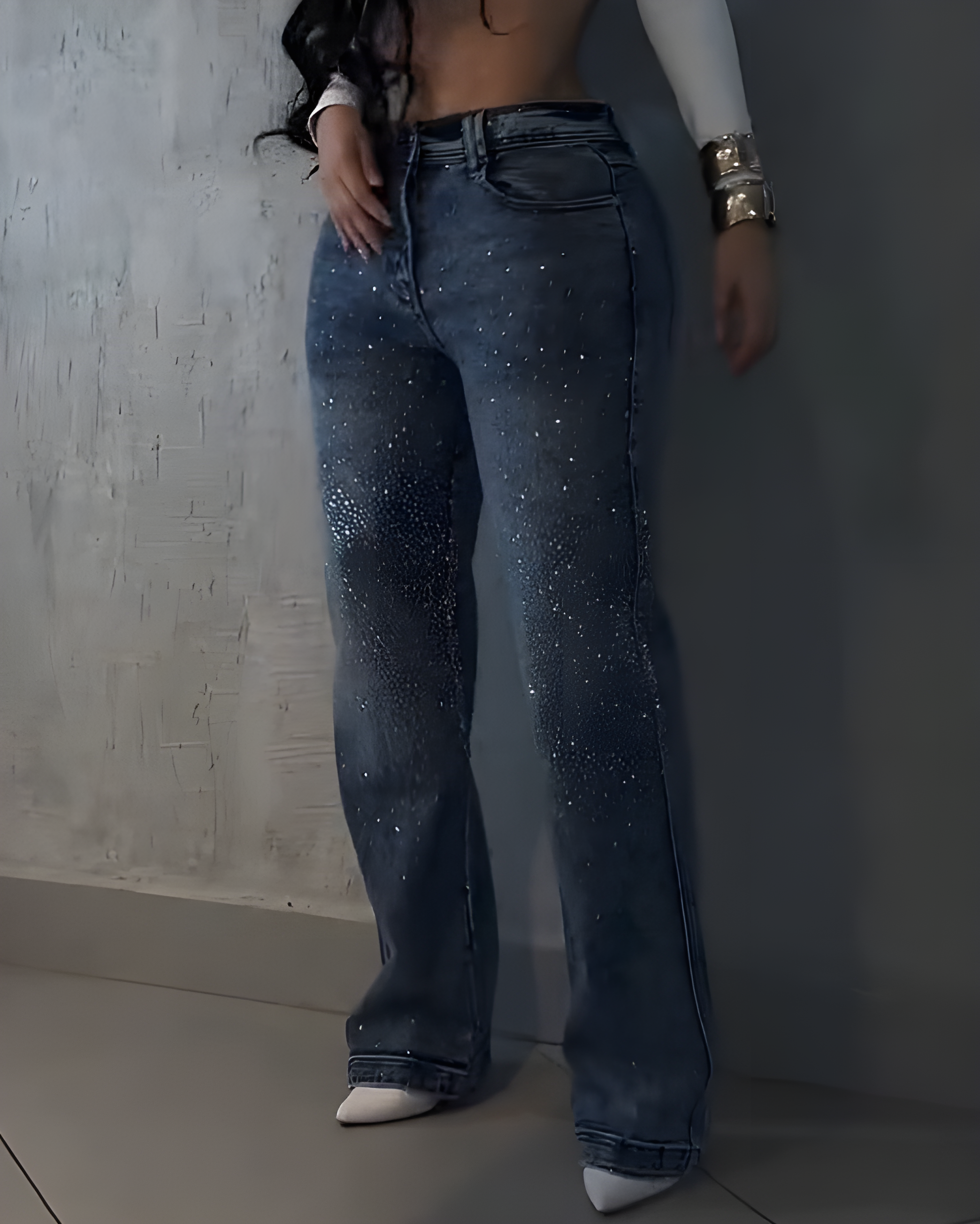 Stylish Sparkling Rhinestone Wide-Leg Jeans