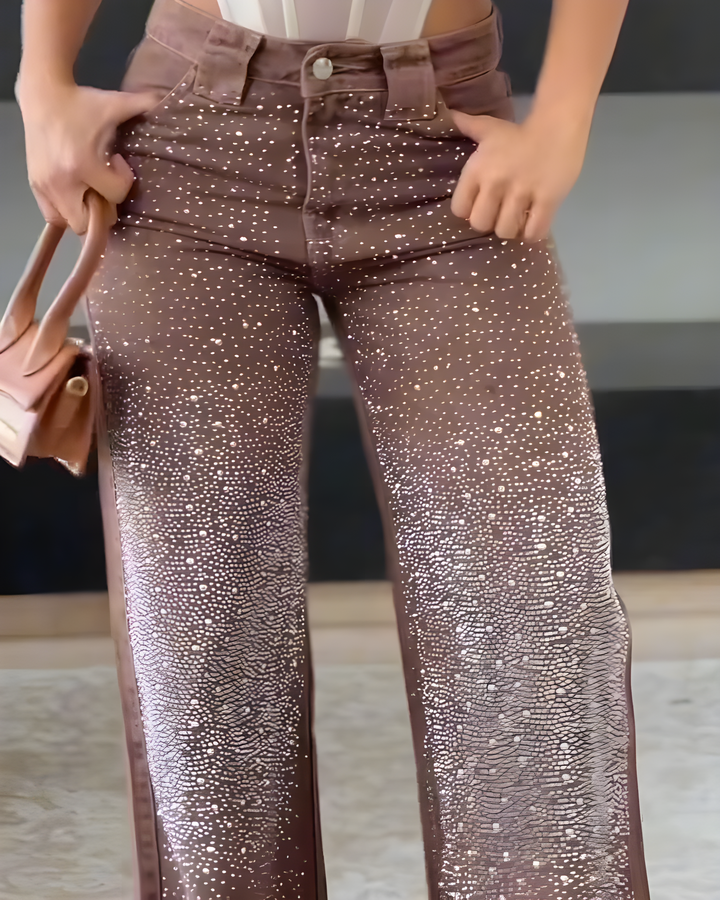 Sparkling Rhinestone Slim-Fit Wide-Leg Jeans