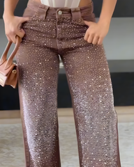 Sparkling Rhinestone Slim-Fit Wide-Leg Jeans