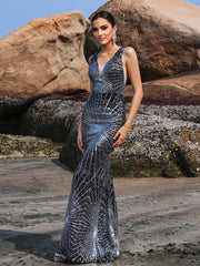 V-neck Mermaid Sequin Evening Dress