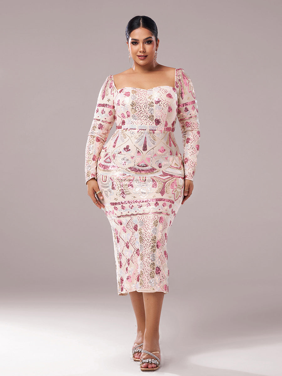 Plus Square Neck Sequin Split Midi Dress
