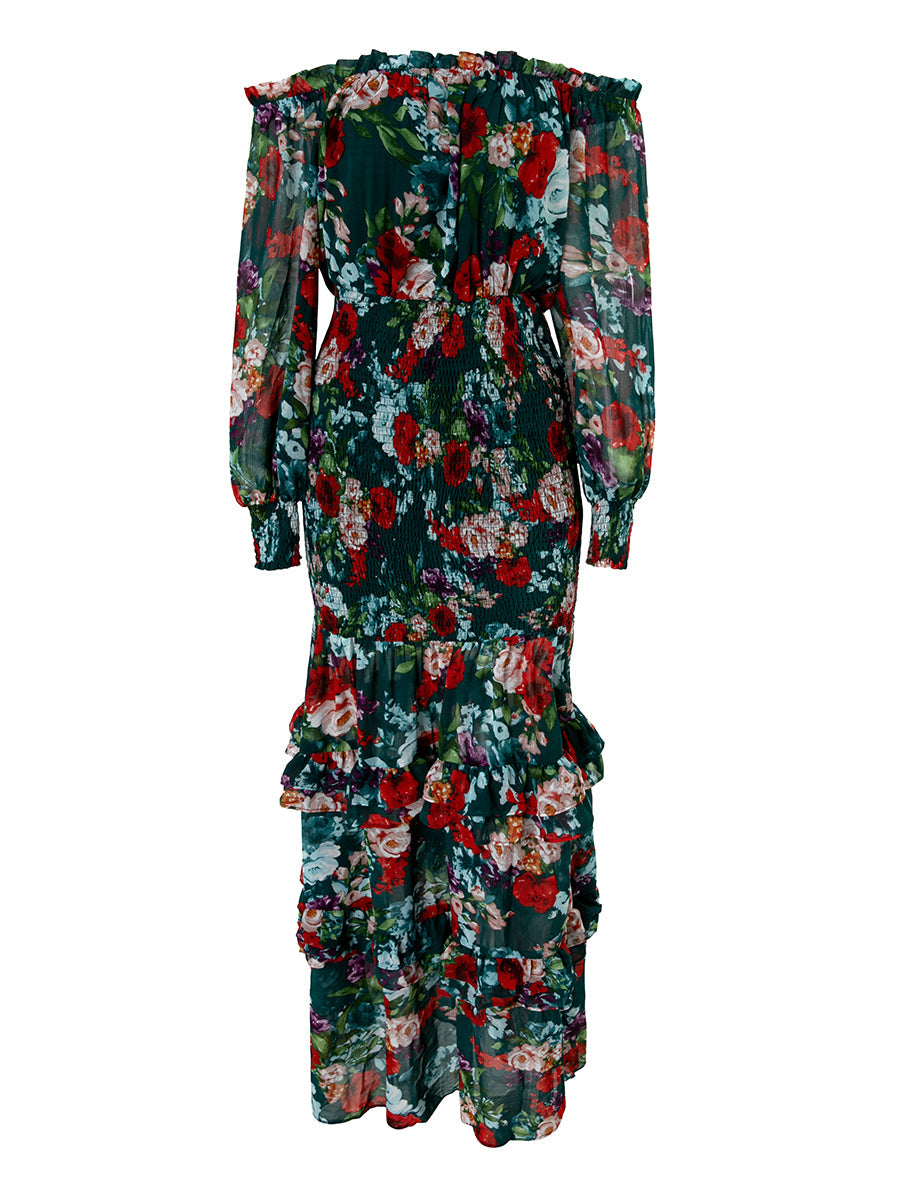 Ruffled Green Printed Casual Chiffon Dress