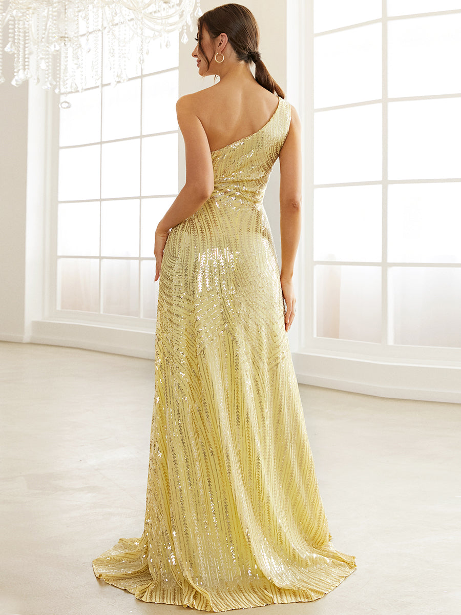 Yellow Sequin One Shoulder Prom Dress
