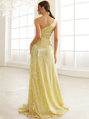 Yellow Sequin One Shoulder Prom Dress