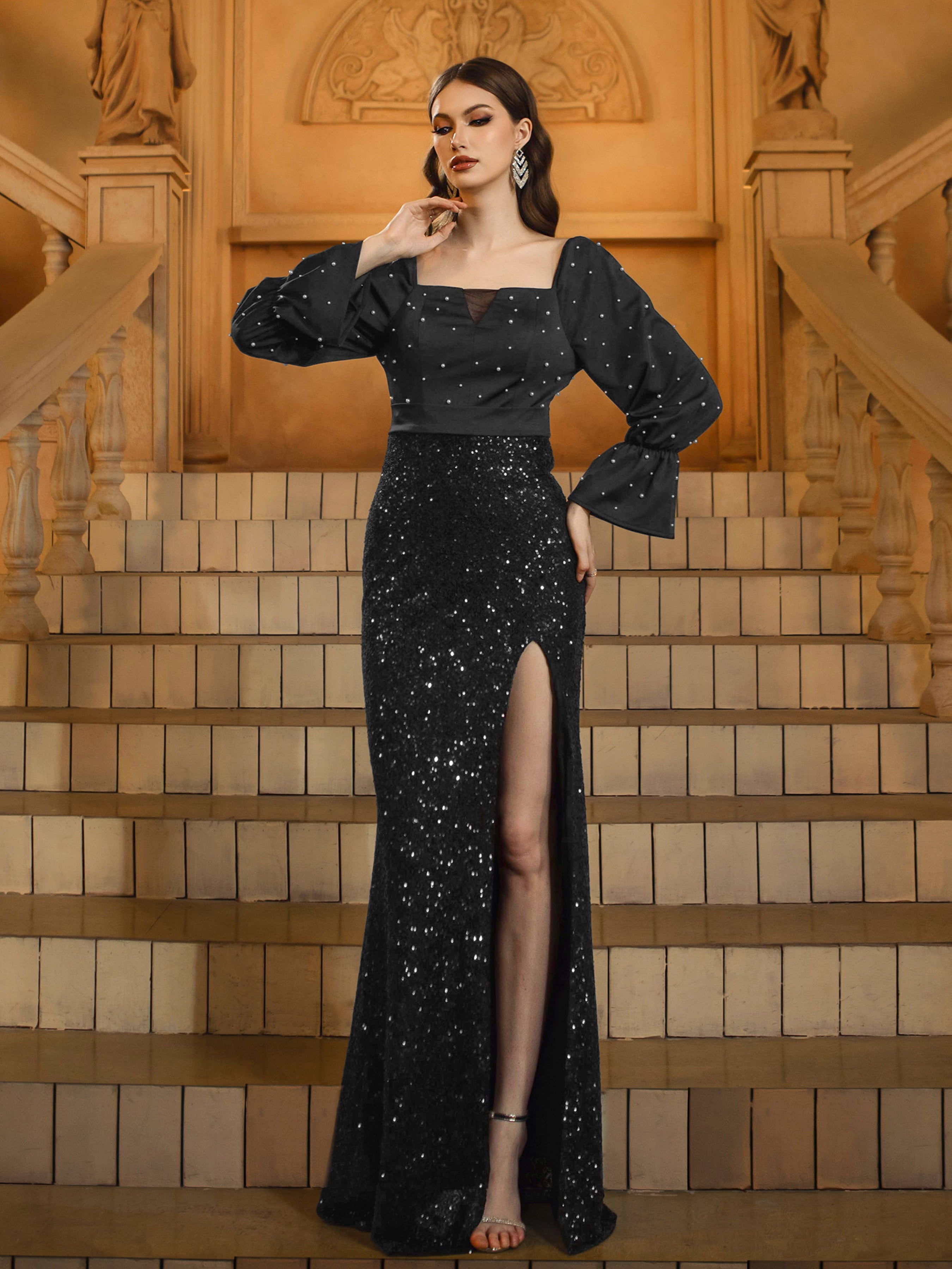 Polka Dots Square Neck Sequin Prom Dress