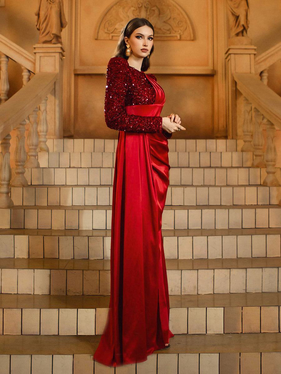 Red Panel Split Ruched Long Sleeve Prom Dress