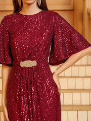 Short Sleeve Sequin Embroidered Prom Dress