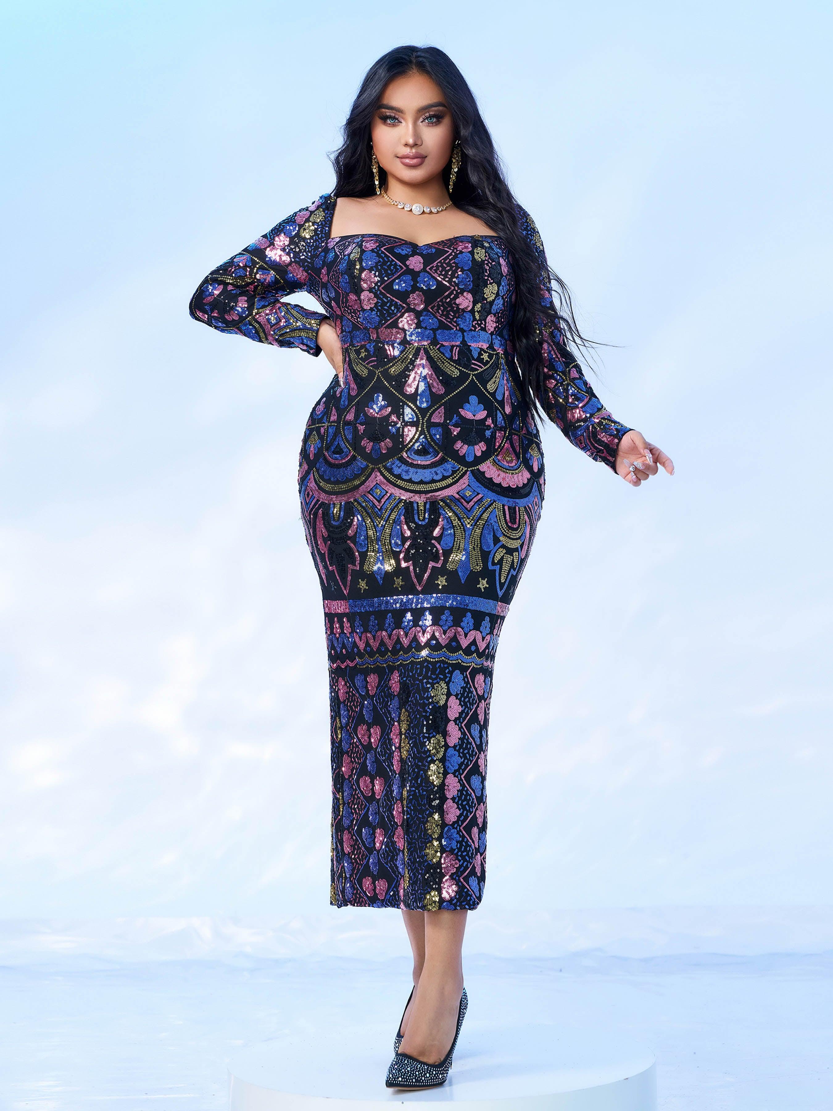 Plus Square Neck Sequin Split Midi Dress