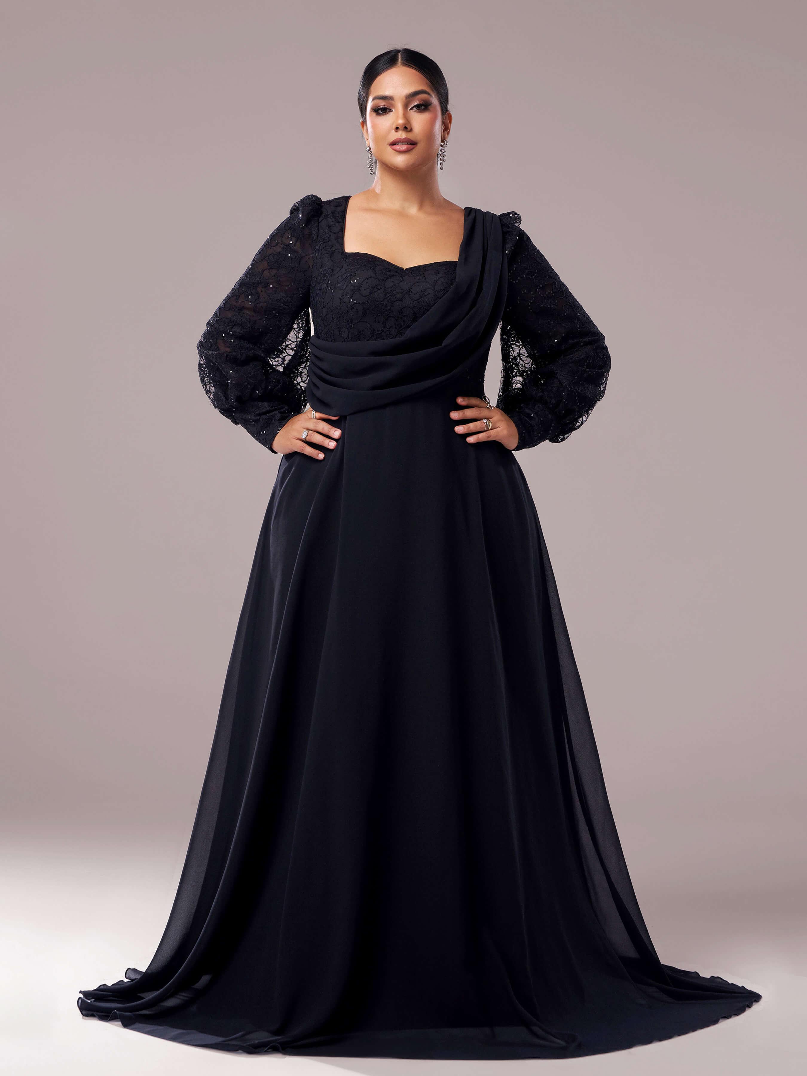 Plus Black Square Neck Lace A-line Prom Dress