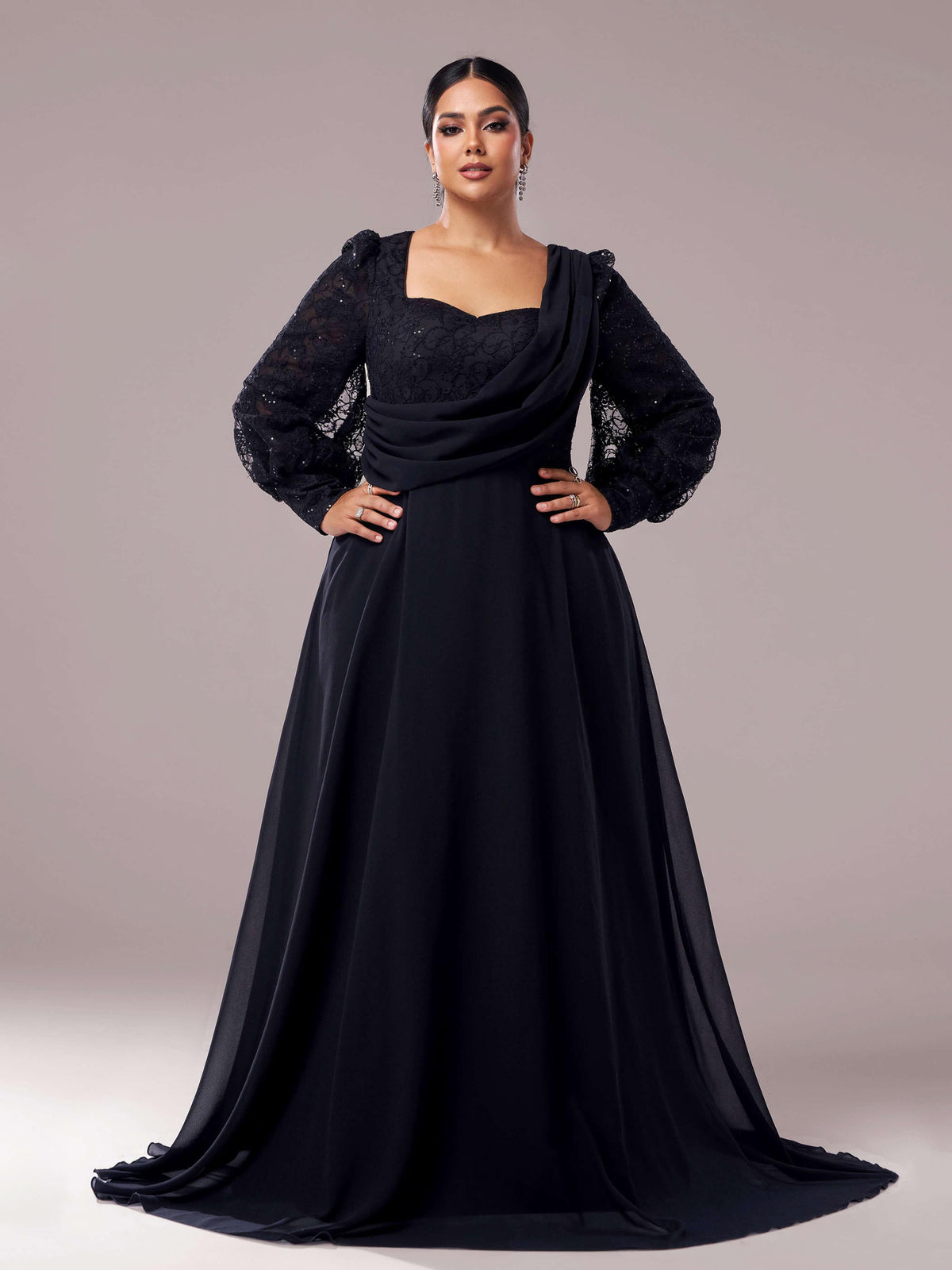 Plus Black Square Neck Lace A-line Prom Dress