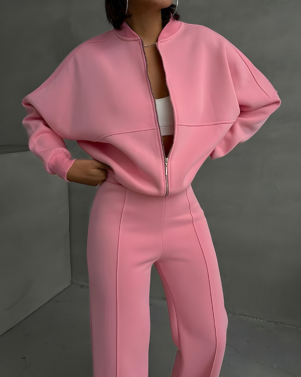 Zipper Cardigan Sweatshirt Straight Pants Set
