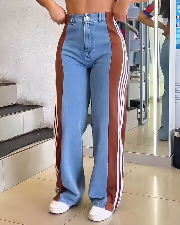 4-Stripes Patchwork Wide-Leg Denim Jeans