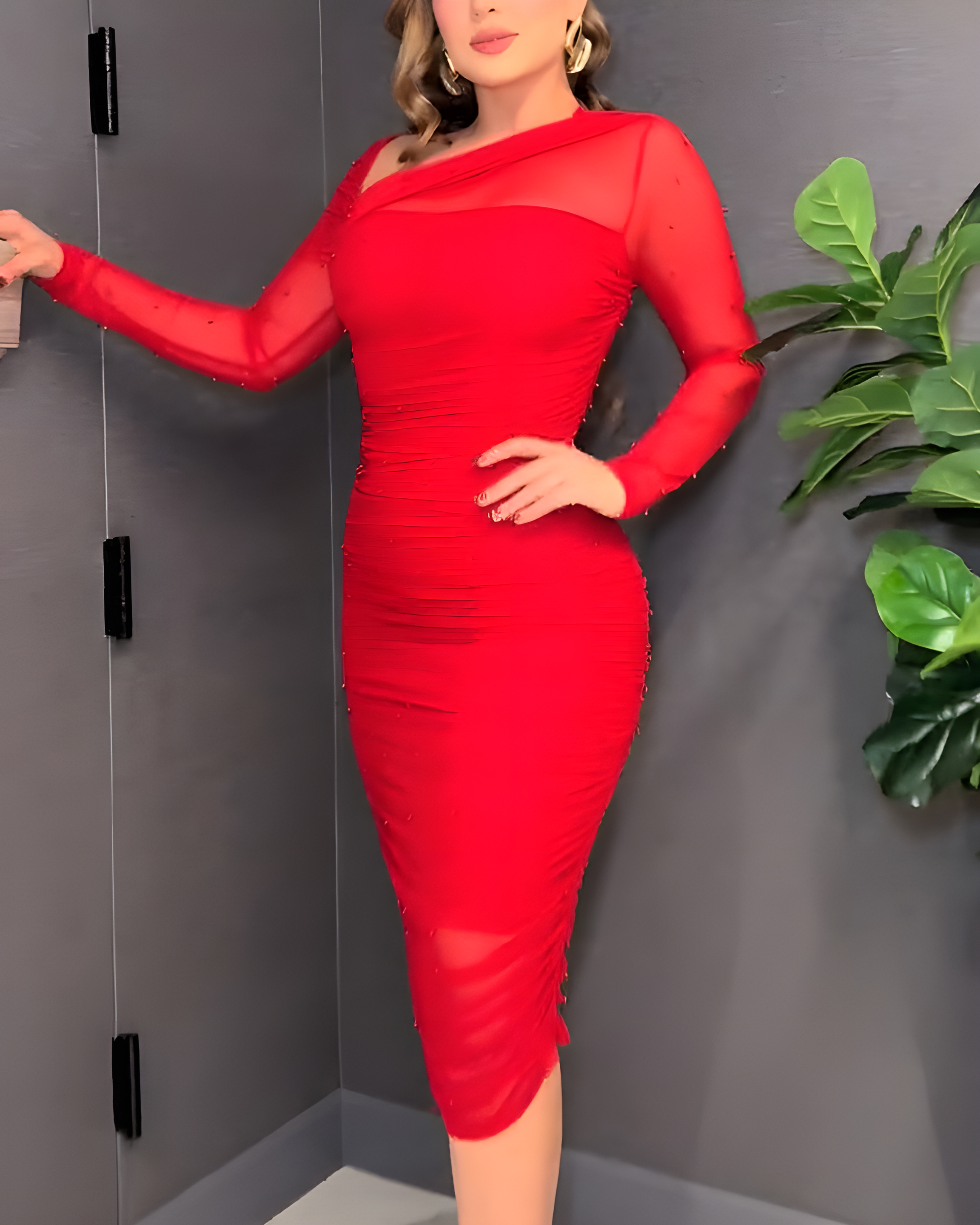 Mesh Long Sleeve Beaded Bodycon Midi Dress