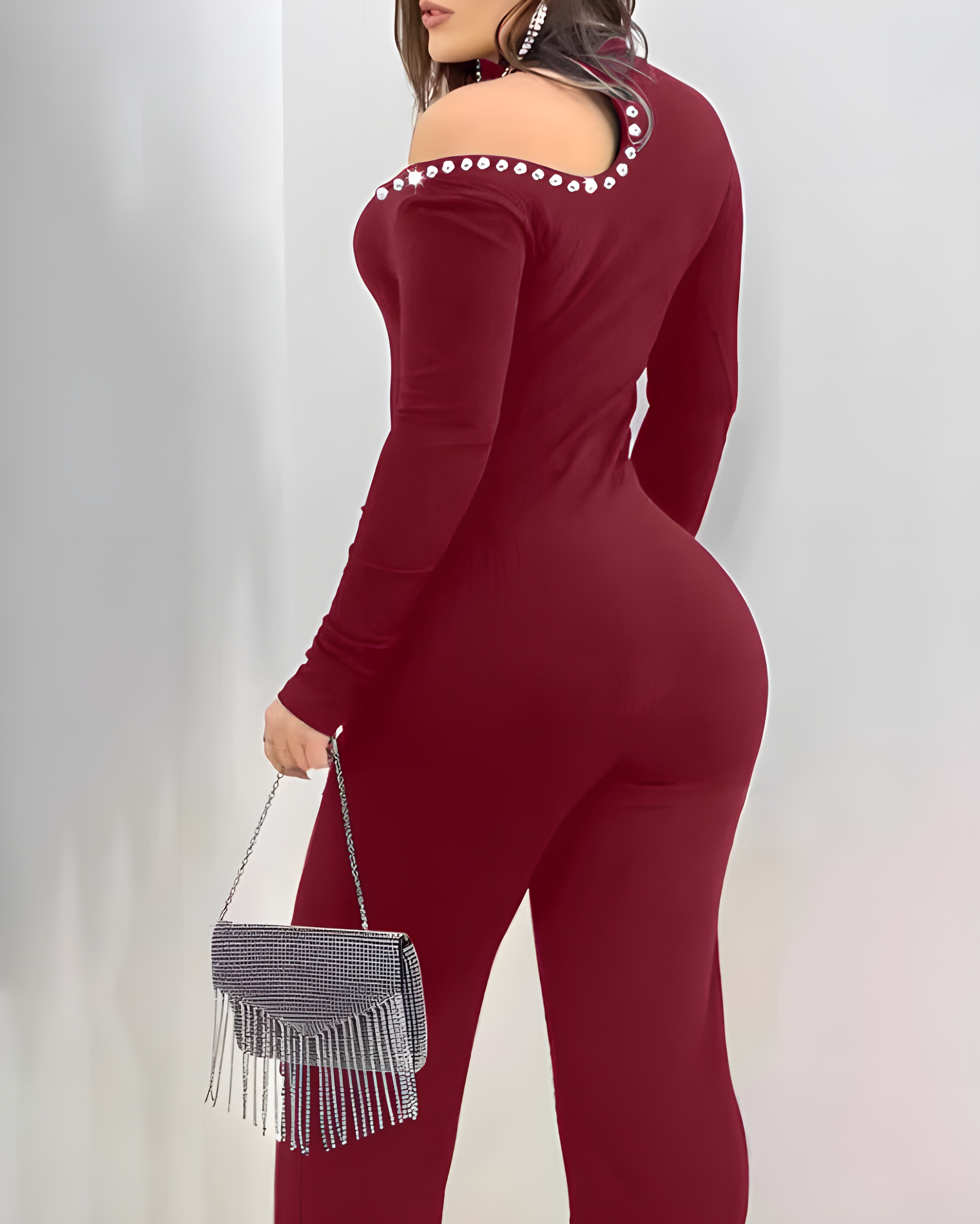 Long-Sleeved Sparkling Rhinestone Trim Flared Jumpsuit