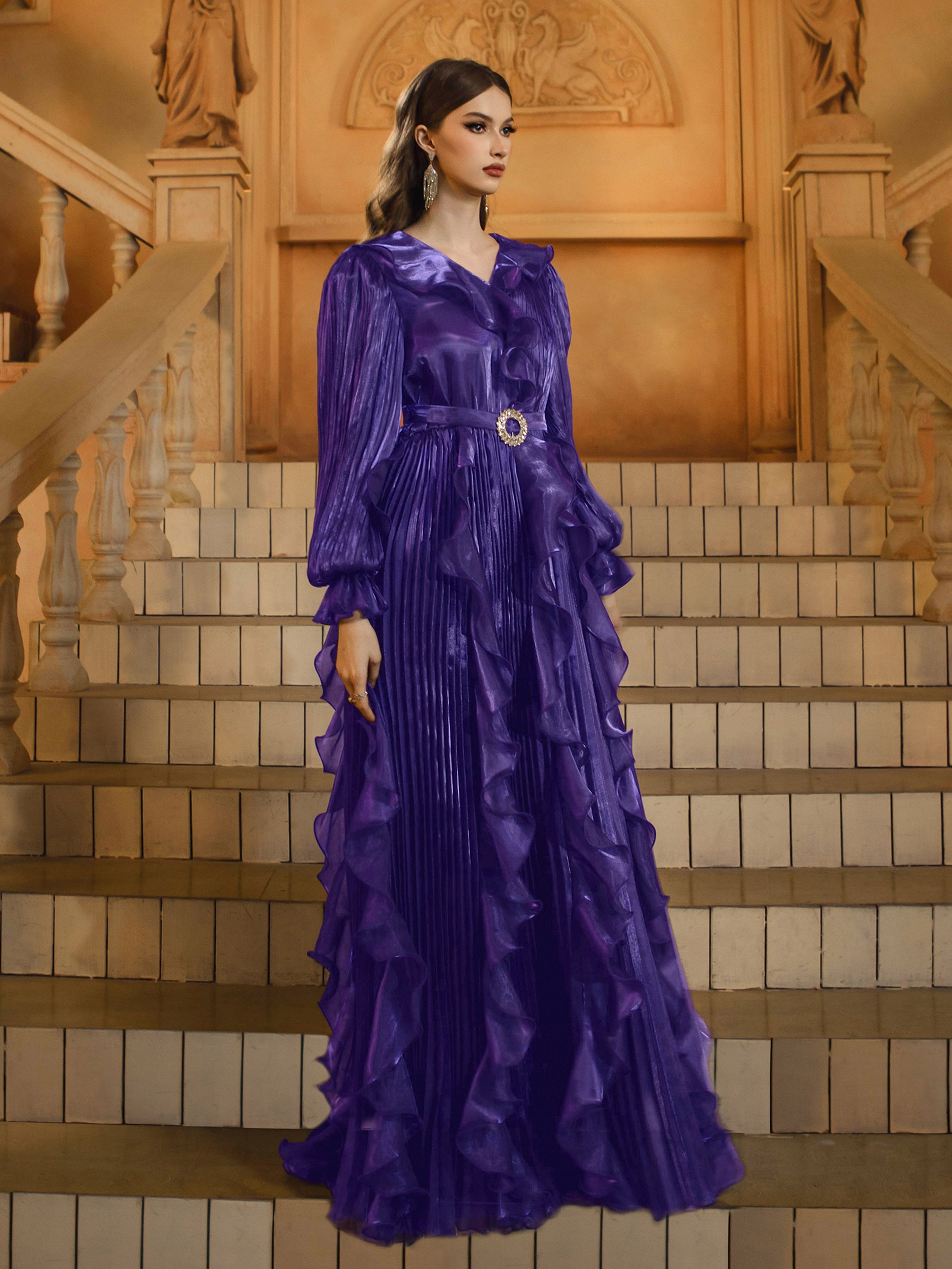 Purple Ruffled A-line Layer Prom Dress