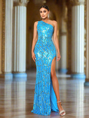 One Shoulder Lace-up Split Prom Dress