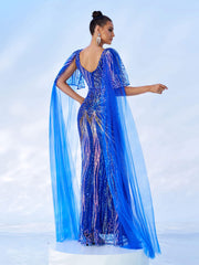 Mesh Sleeve Backless Sequin Mermaid Prom Dress