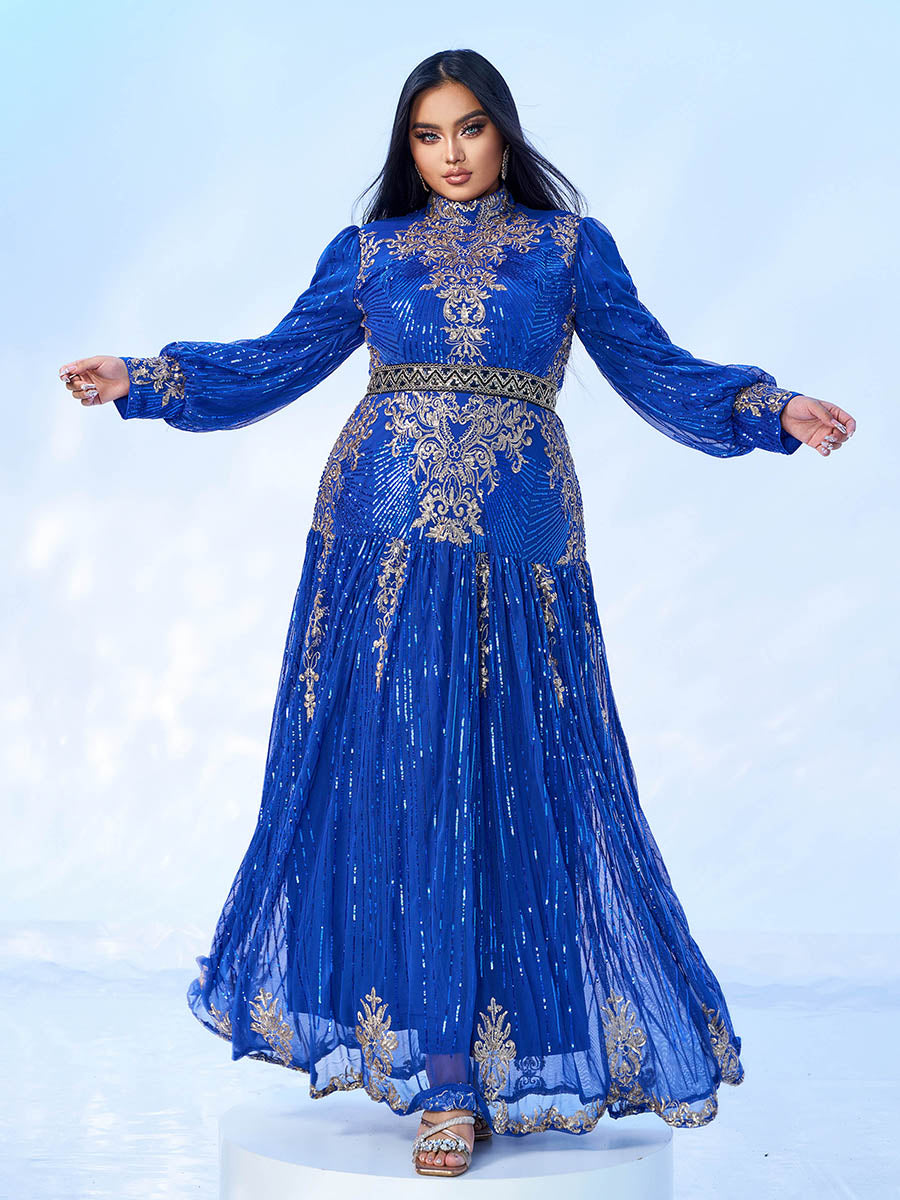 Plus Stand Collar Sequin A-line Dress