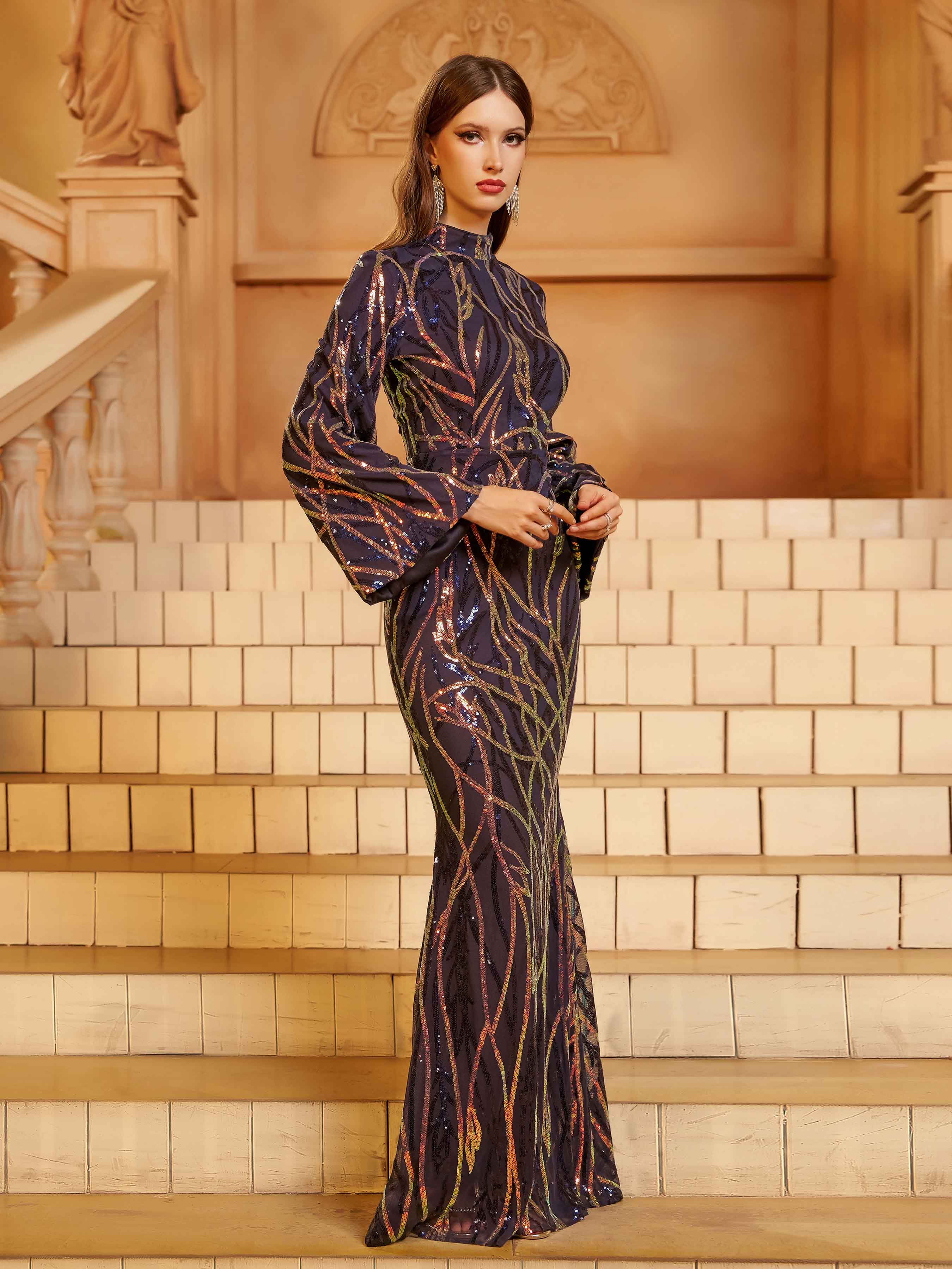 Long Sleeve Blue Maxi Sequin Formal Dress