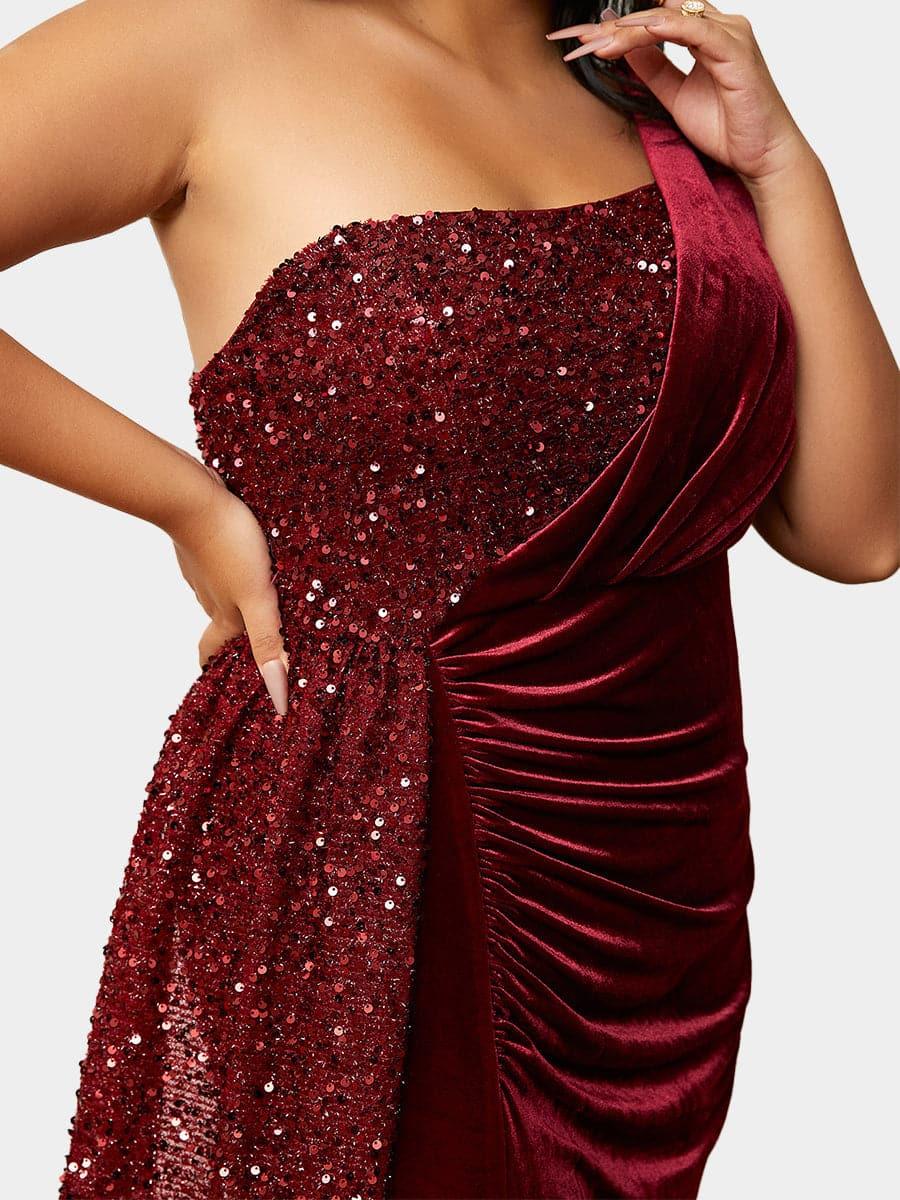 Plus Size One Shoulder Draped Sequin Burgundy Prom Dress