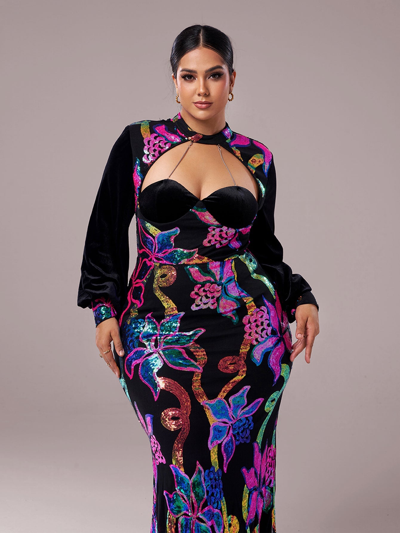Plus Cutout Lantern Sleeve Mermaid Dress