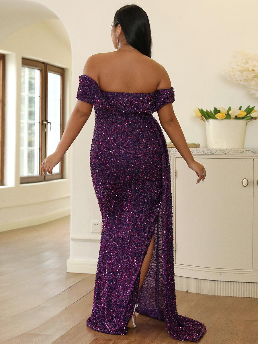 Plus Off Shoulder Draped Sequin Prom Dress