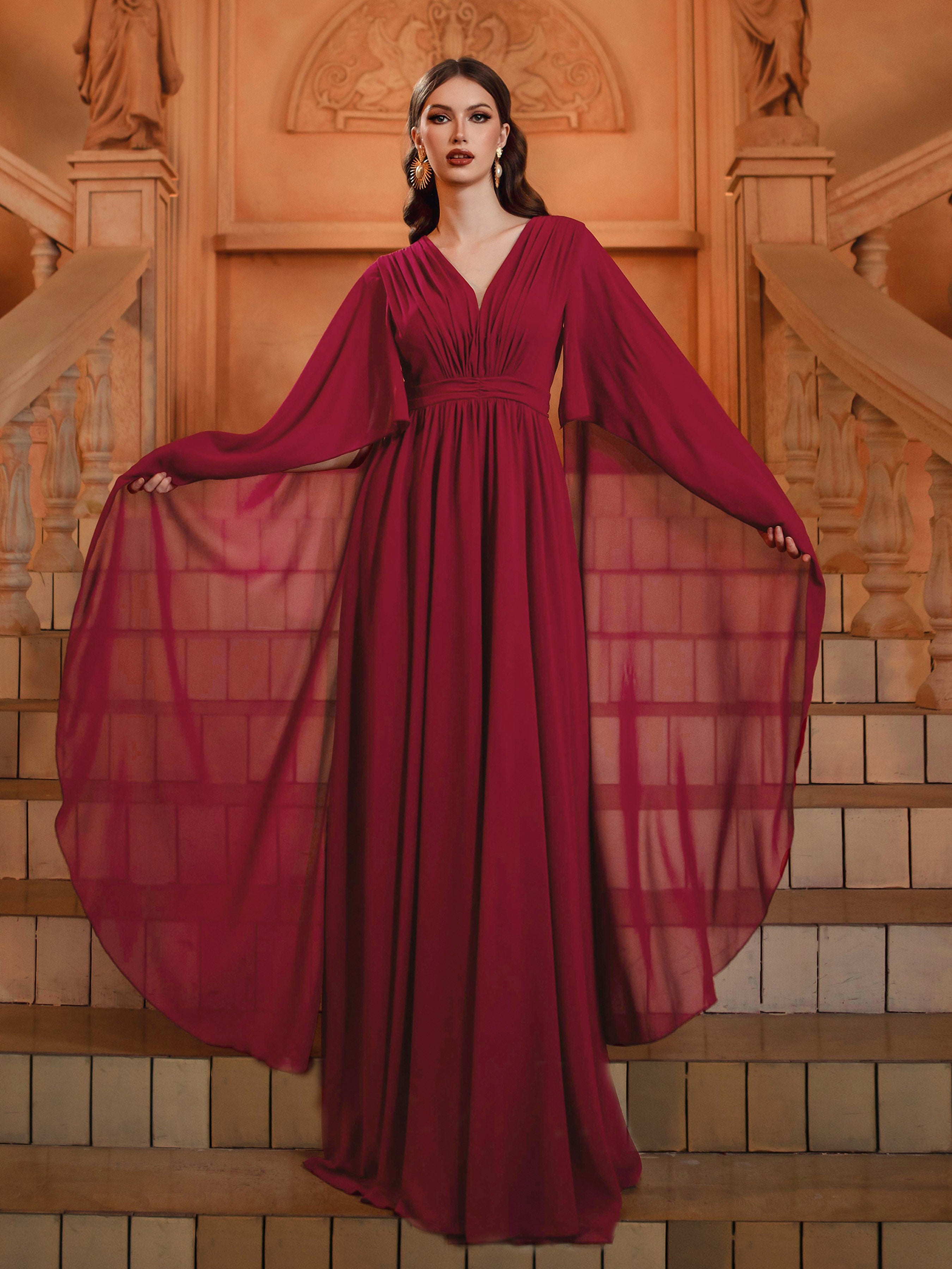 Wine Cape Sleeve V-neck Prom Dress