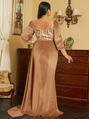 Plus Size Ribbon Lantern Sleeve Velvet Gold Evening Dress