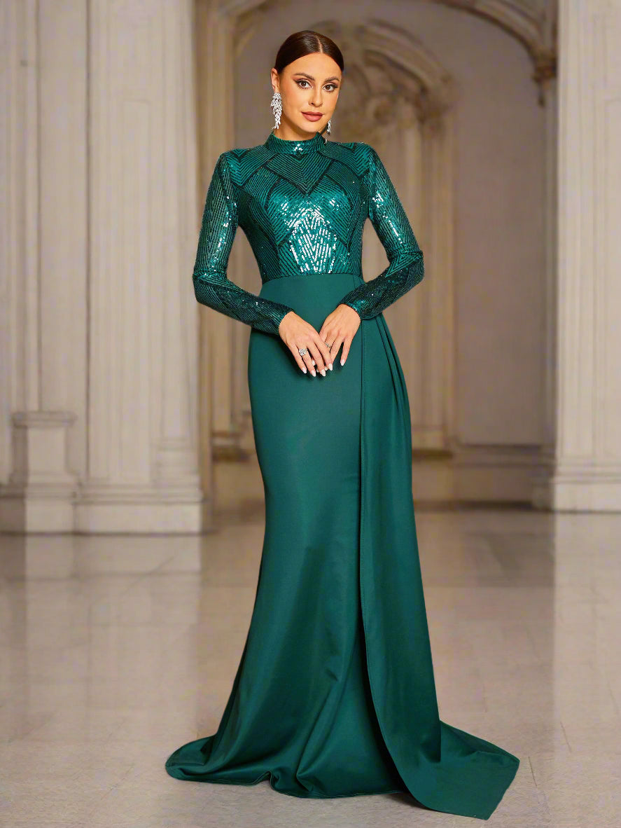Draping Long Sleeve Sequin Formal Dress
