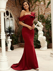 Ruffle Neck Floor Length Red Mermaid Prom Dress